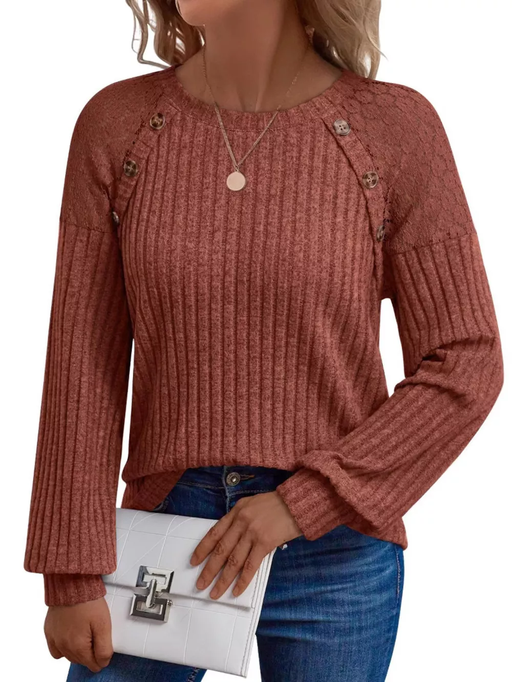 Ribbed Knit T-Shirt with Lace Shoulder Detail, image 5
