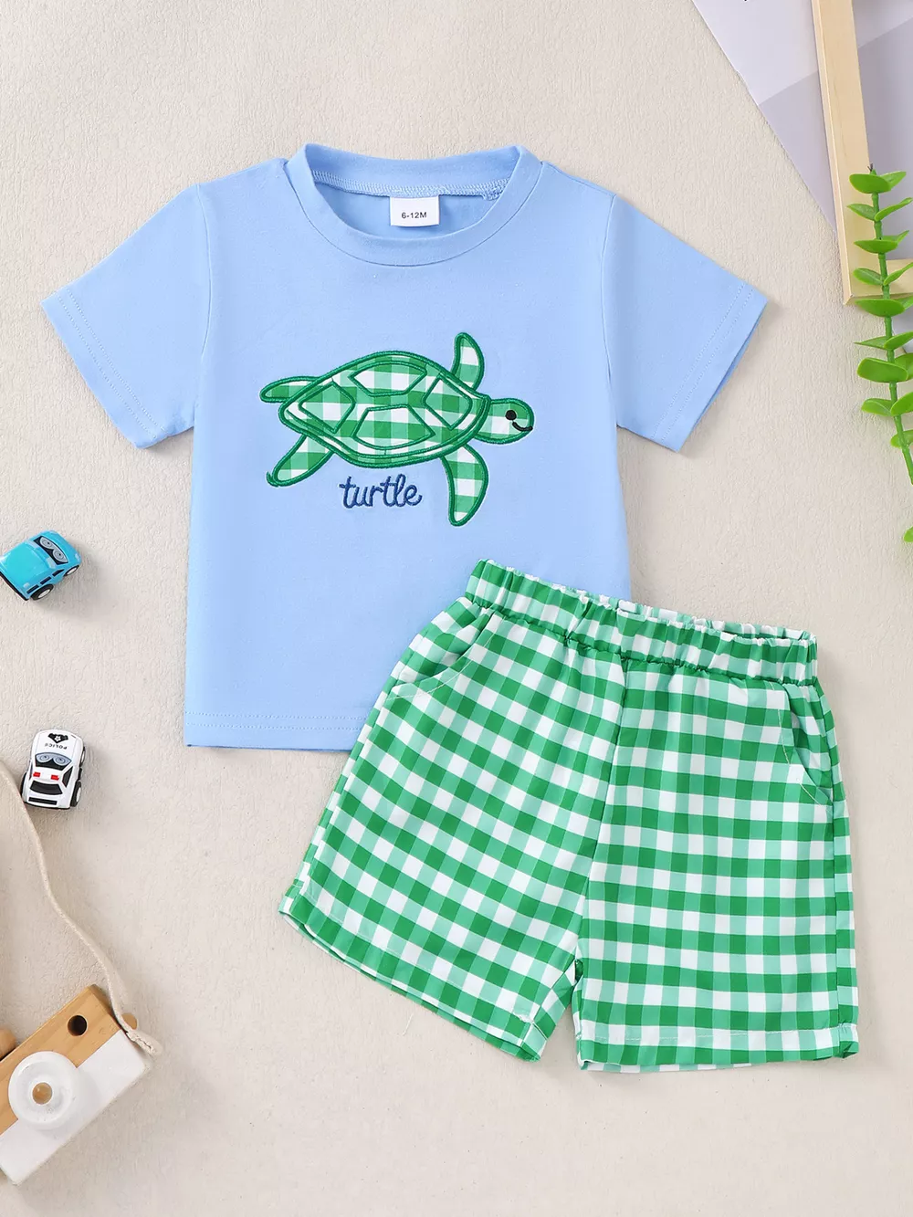 Children's Turtle Round Neck Top and Gingham Shorts Set