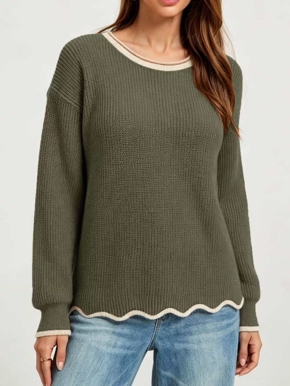 Contrast Trim Scalloped Hem Ribbed Knit Sweater, image 6