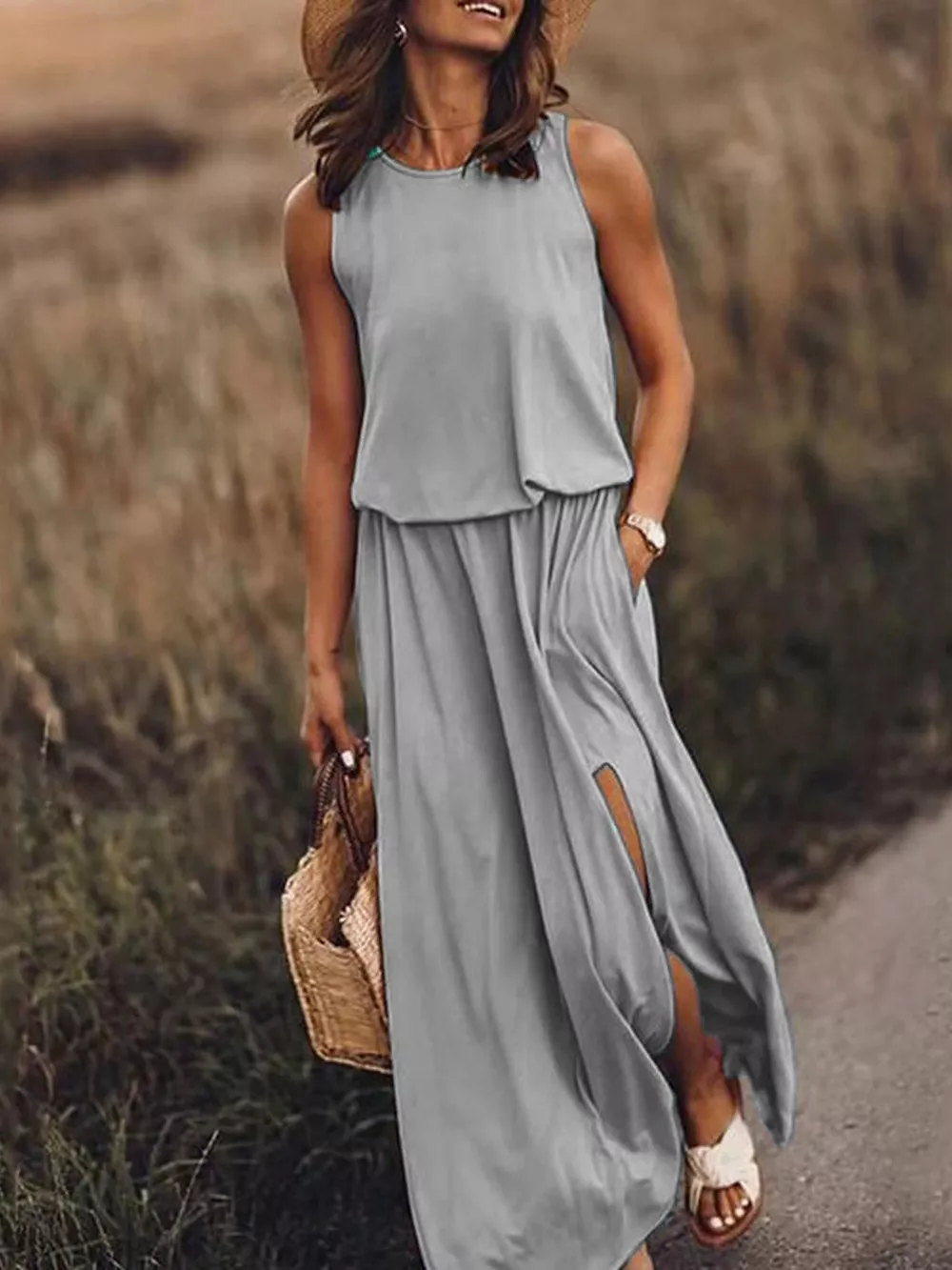 Full Size Round Neck Sleeveless Slit Maxi Dress Plus Size, image 29
