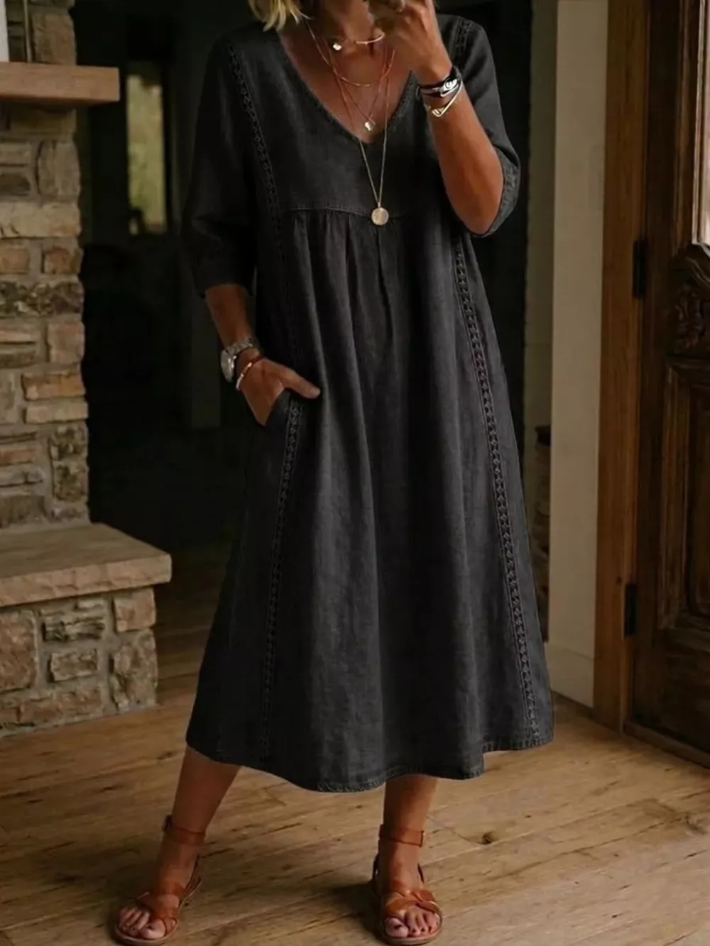 Full Size V-Neck 3/4 Sleeve Midi Dress Plus Size, image 5