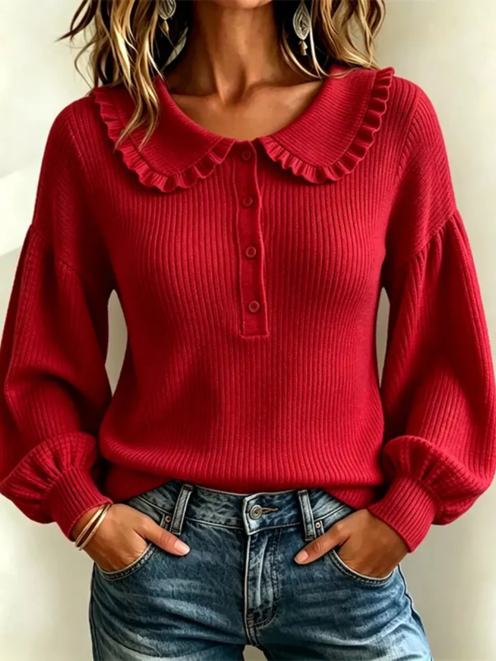 Full Size Ruffle Collar Button Detail Sweater Plus Size, image 11
