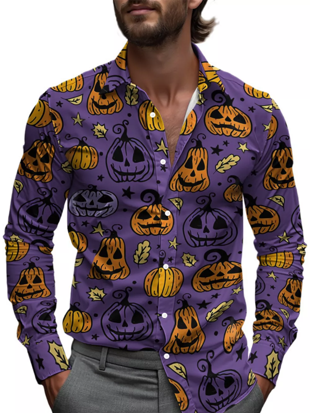 Men's Full Size Halloween Print Long Sleeve Button-Down Shirt Plus Size, image 6