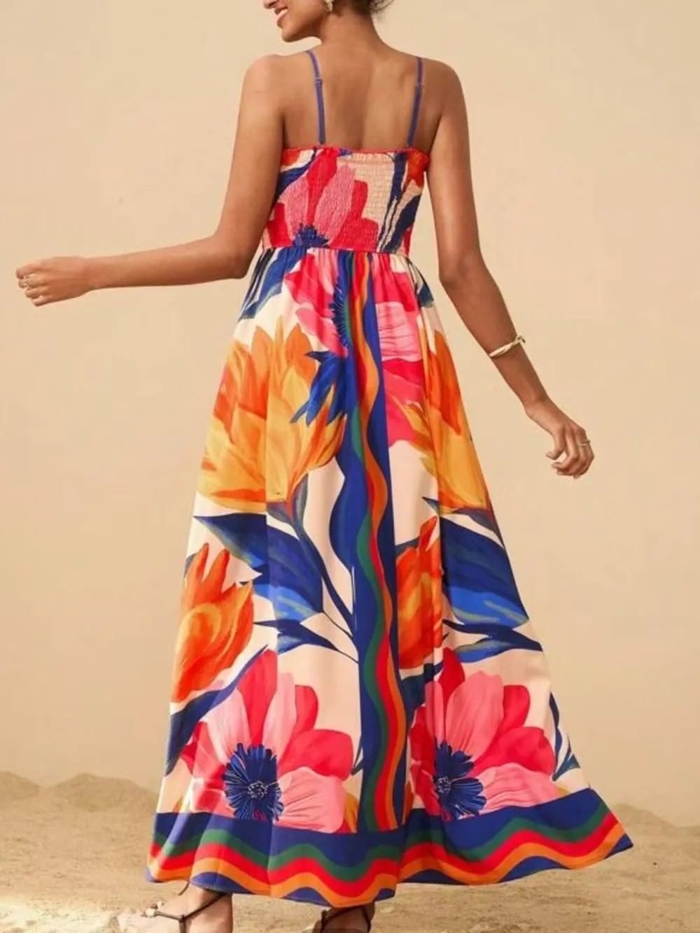 Smocked Printed Spaghetti Strap Maxi Summer Dress, image 3