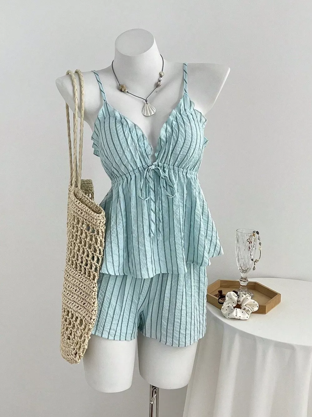 Tie Front Striped Cami and Shorts Set