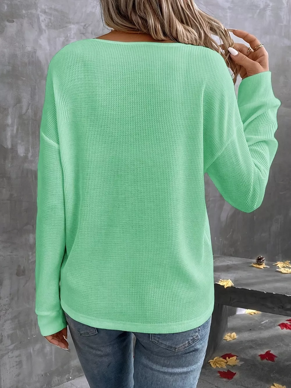 Plus Size V-Neck Long Sleeve Waffle Knit T-Shirt, image 8