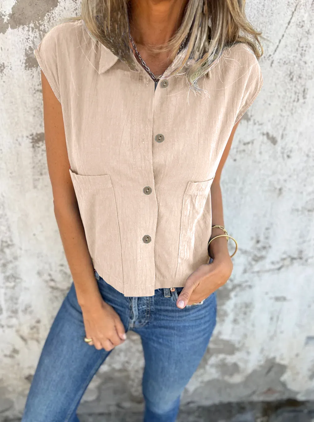 Full Size Button Down Cap Sleeve Linen Shirt Plus Size