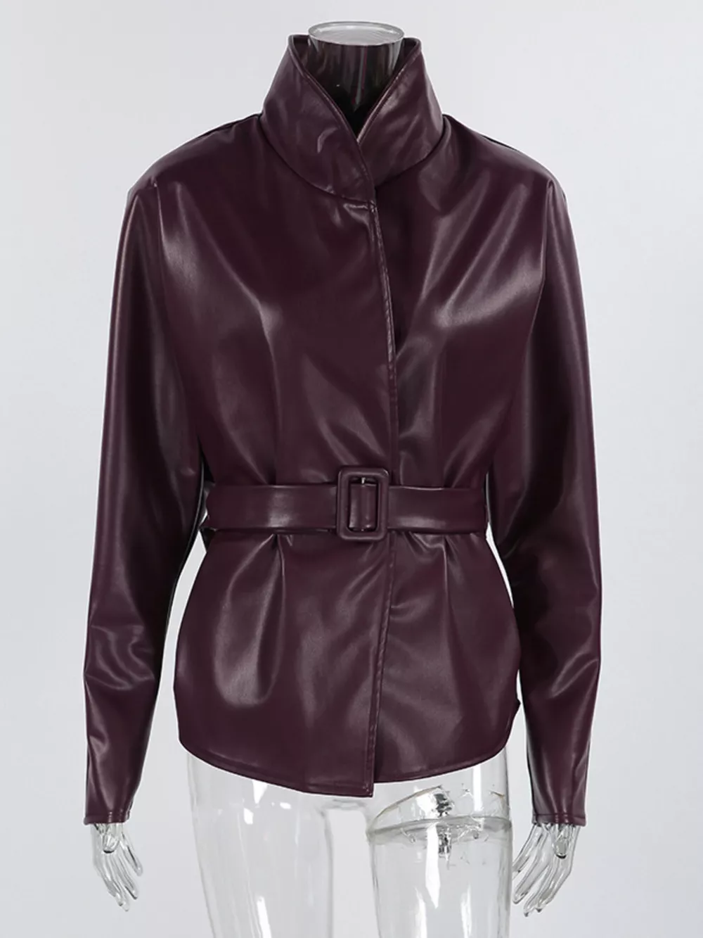 Stand Collar Belted Faux Leather Jacket, image 14