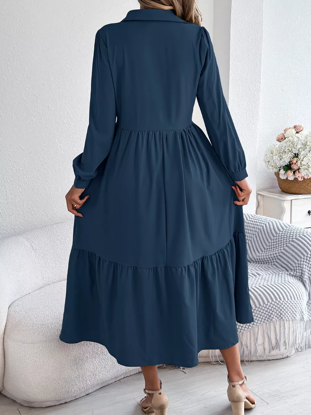 Long Sleeve Tiered Button Front Midi Dress, image 6