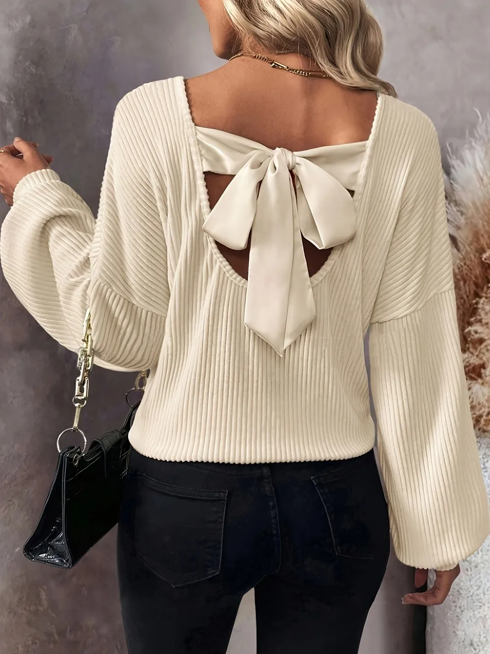 Ribbed Knit Back Bow Tie Blouse, image 2