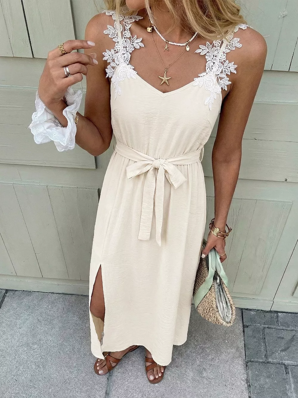 Lace Trimmed Slit Maxi Dress, image 4