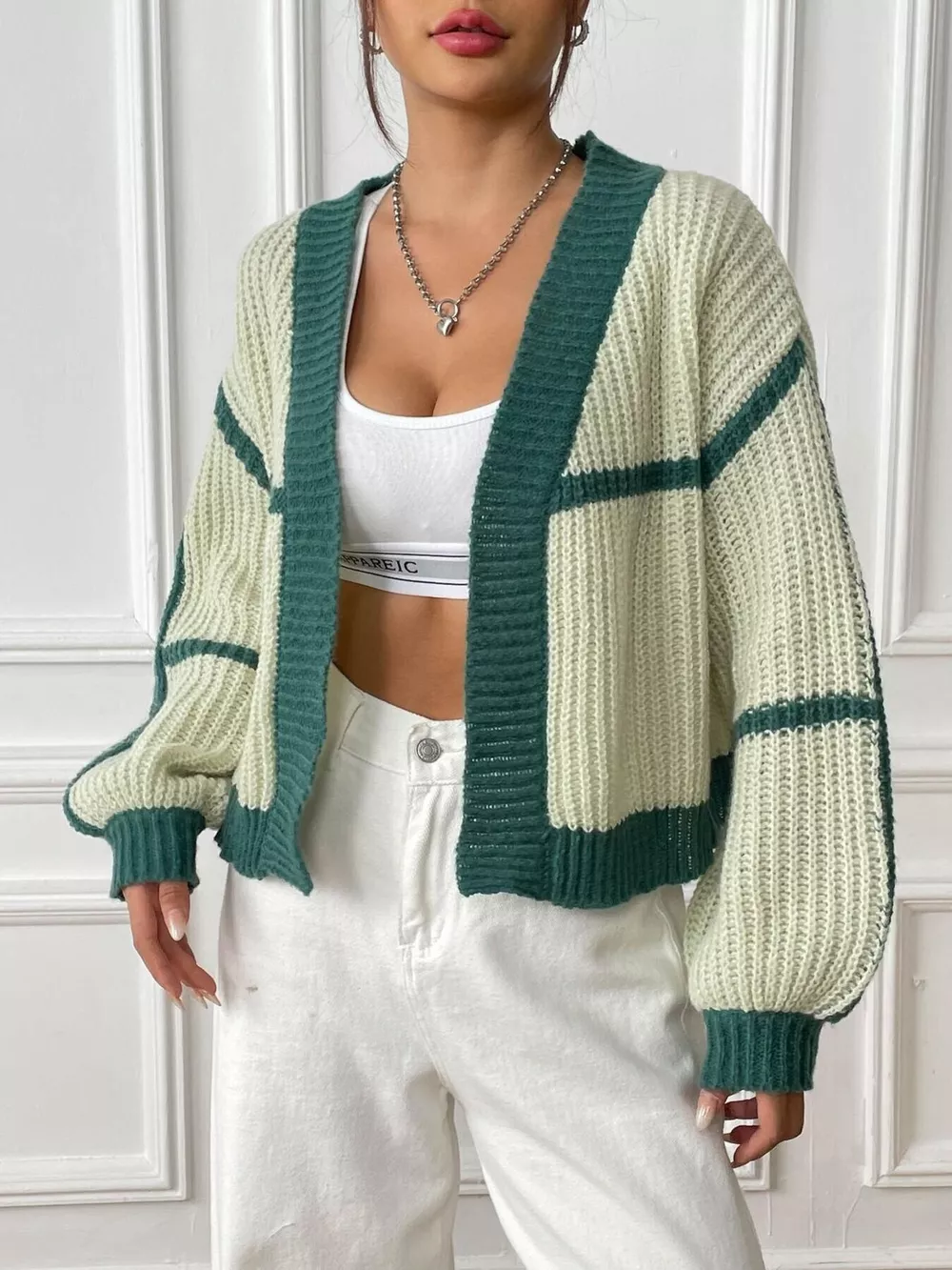 Color-Block Ribbed Knit Open-Front Cropped Cardigan, image 7