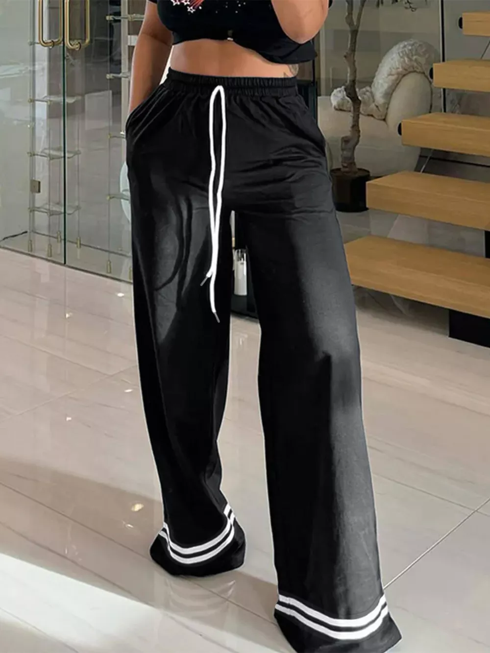 Wide-Leg Drawstring Pants with Striped Hem, image 4