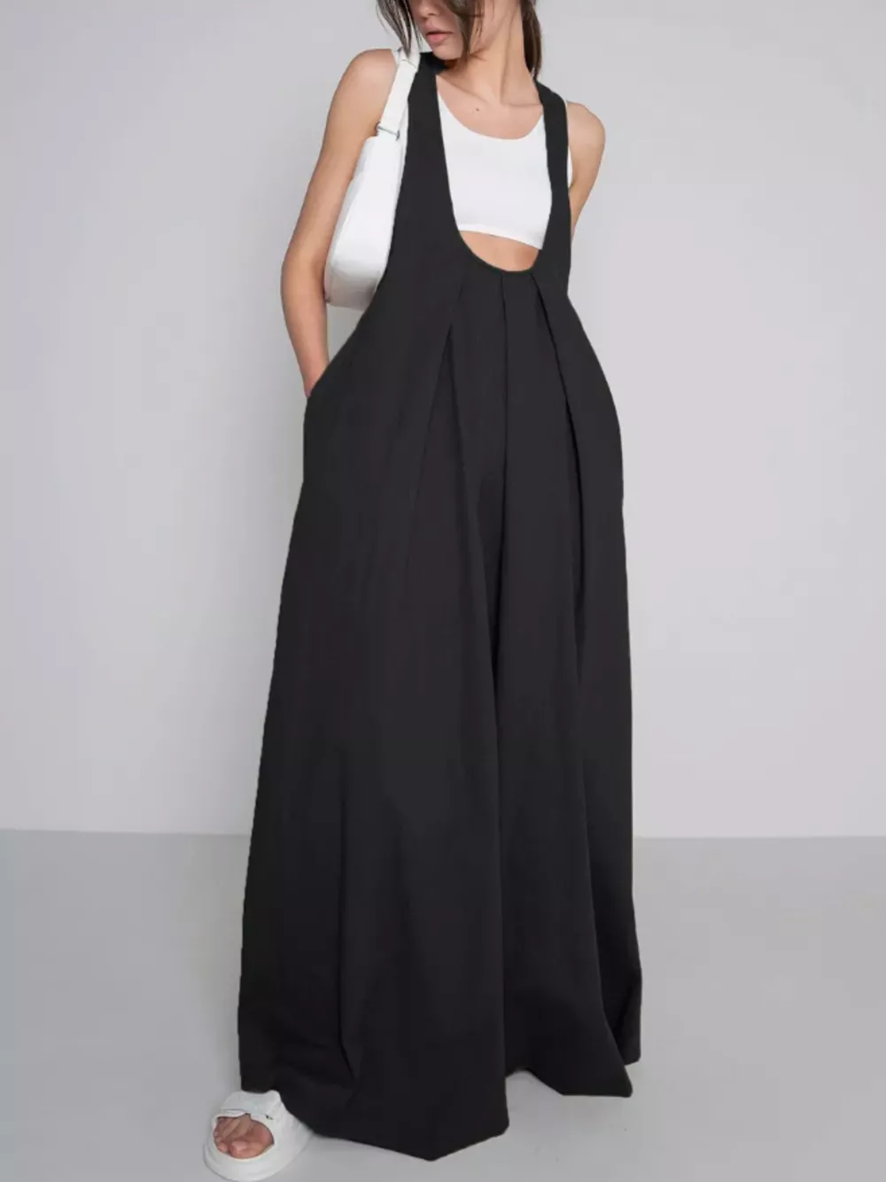 Pleated Overall Dress with Pockets