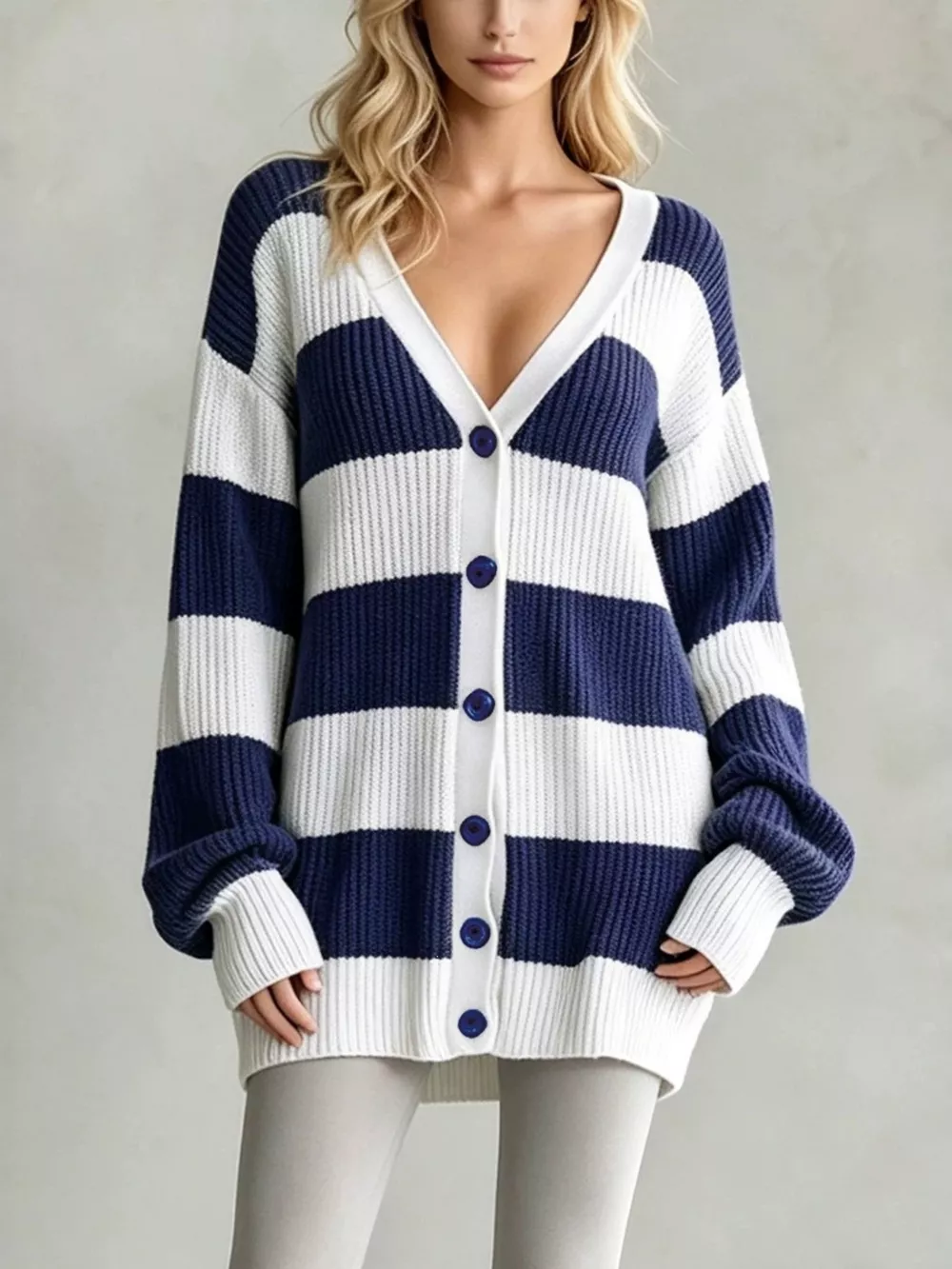 Striped V-Neck Button-Down Cardigan, image 10