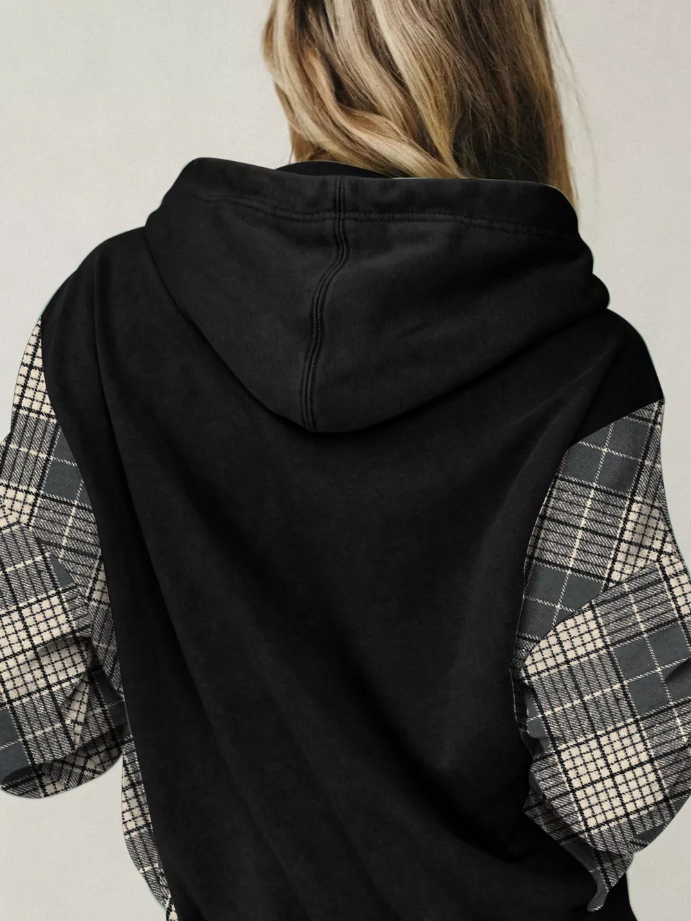 Plaid Sleeve Drawstring Pocket Hoodie, image 21