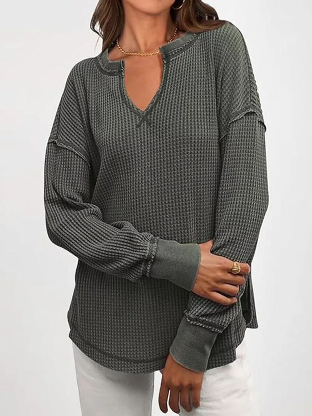 Slit Notched Long Sleeve T-Shirt, image 21