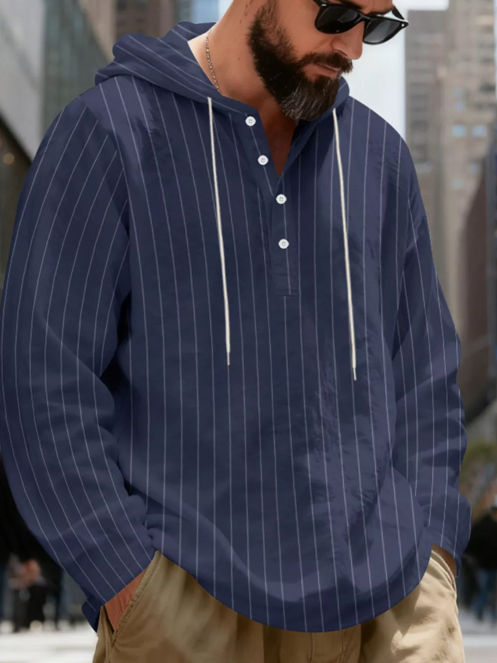 Men's Full Size Casual Striped Henley Hoodie with Drawstring Plus Size, image 22