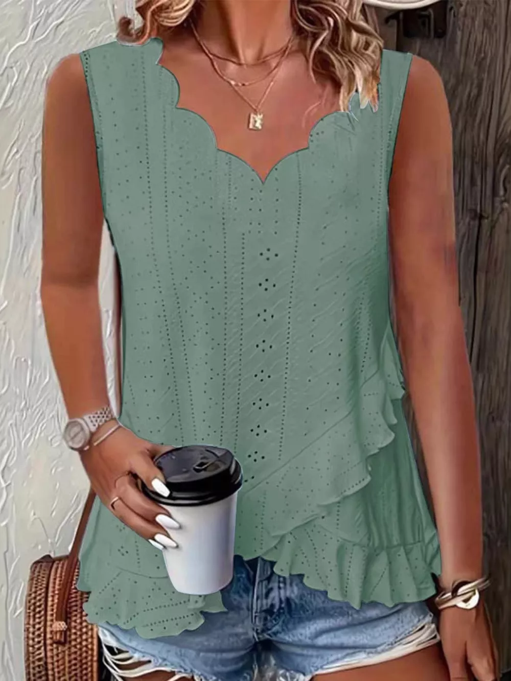 V-Neck Eyelet Ruffled Tank Top, image 7