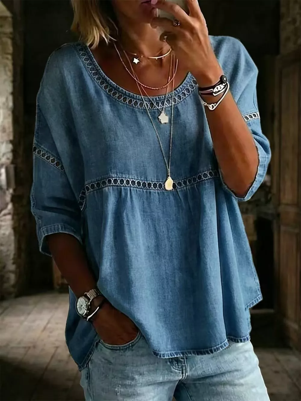 Full Size Hollow Out Round Neck Top Plus Size, image 19