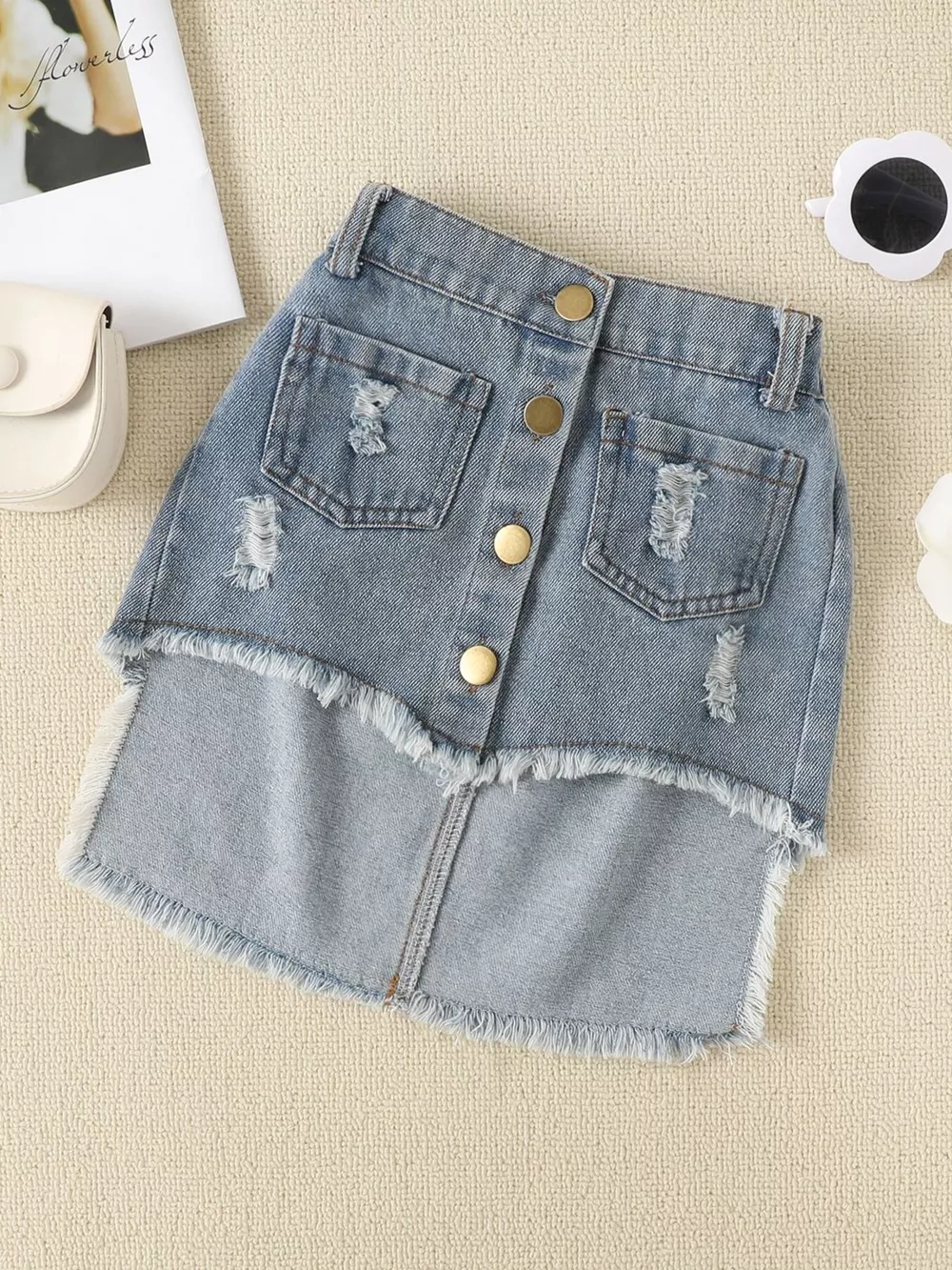 Children's Smocked Top and Distressed Denim Skirt Set, image 5