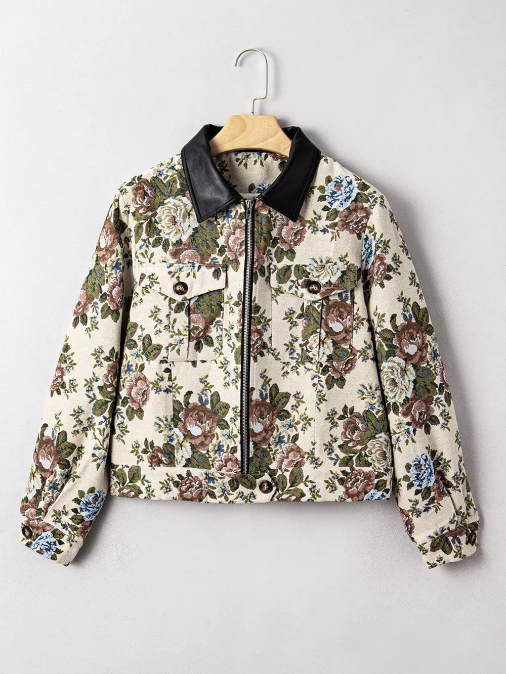 Floral Print Zip Up Contrast Collared Jacket, image 2