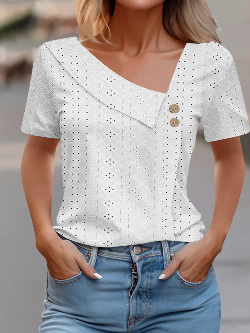Eyelet Asymmetrical Short Sleeve T-Shirt, image 2