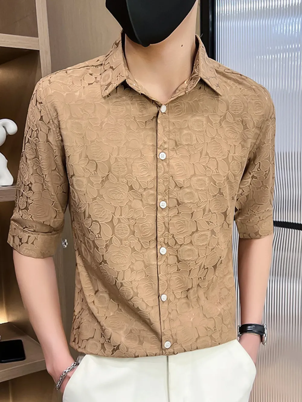 Men's Plus Size Floral Lace Slim Fit Shirt, image 2