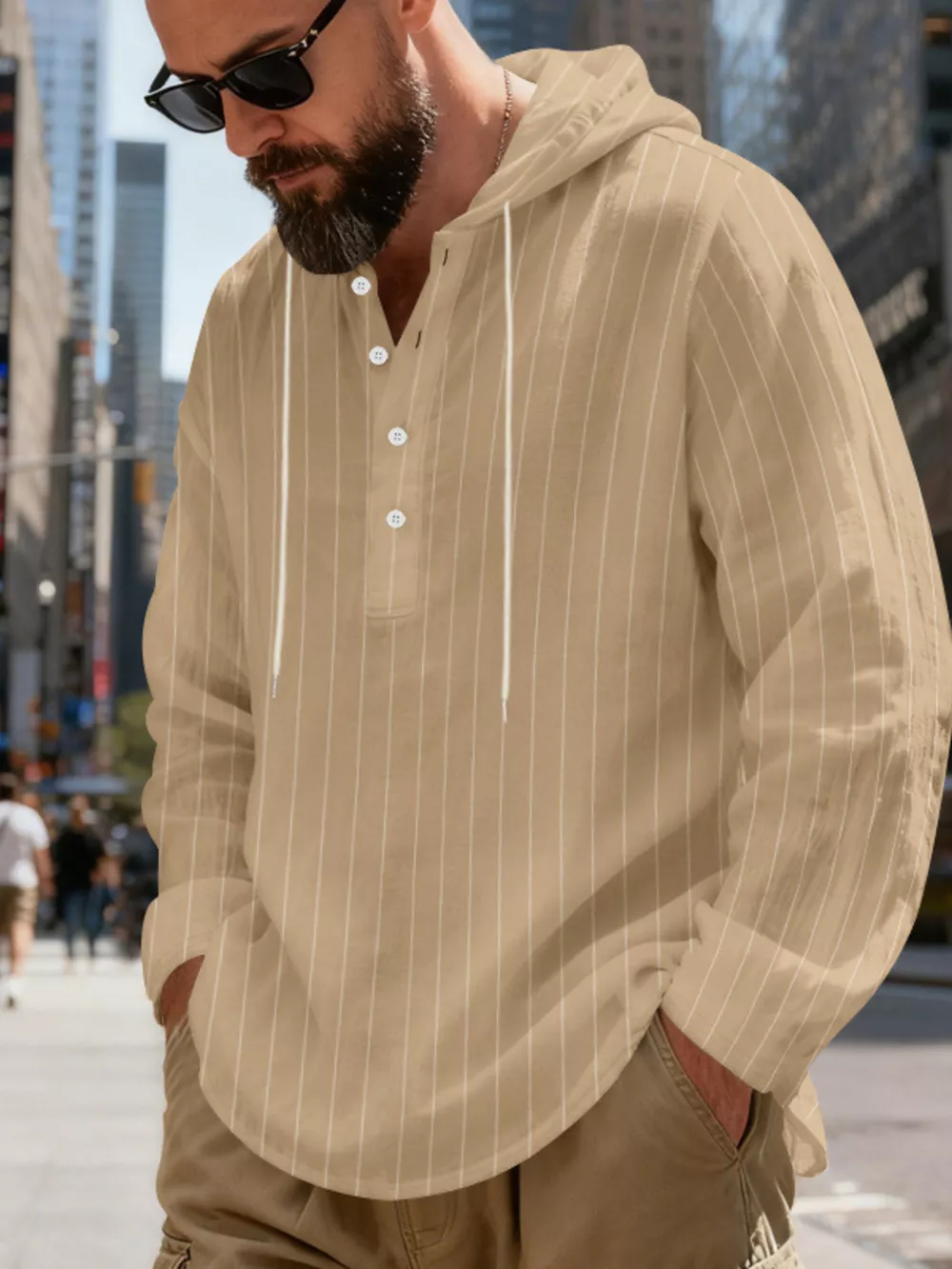 Men's Full Size Casual Striped Henley Hoodie with Drawstring Plus Size, image 18