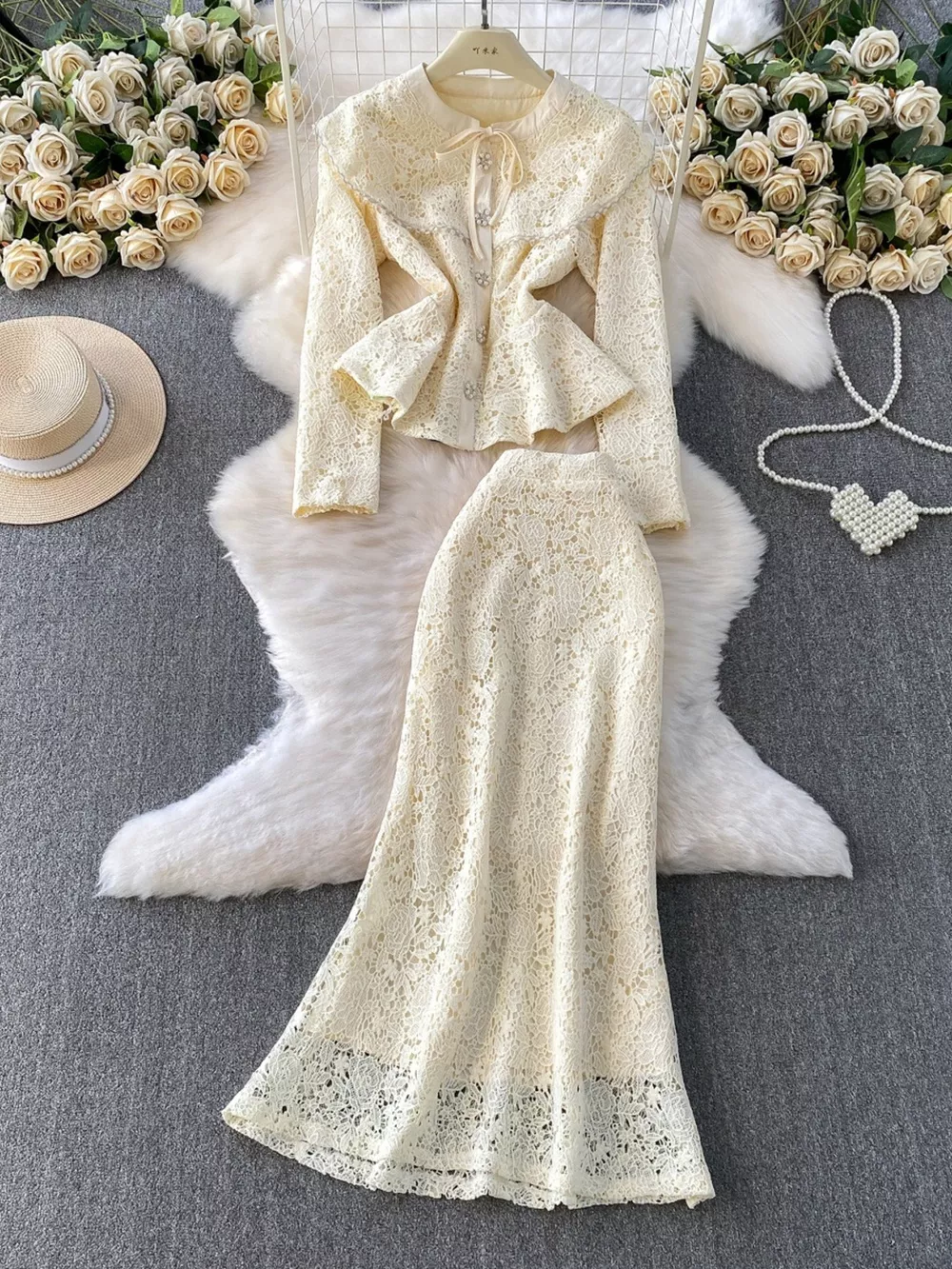 Lace Button Up Top and Skirt Set, image 13