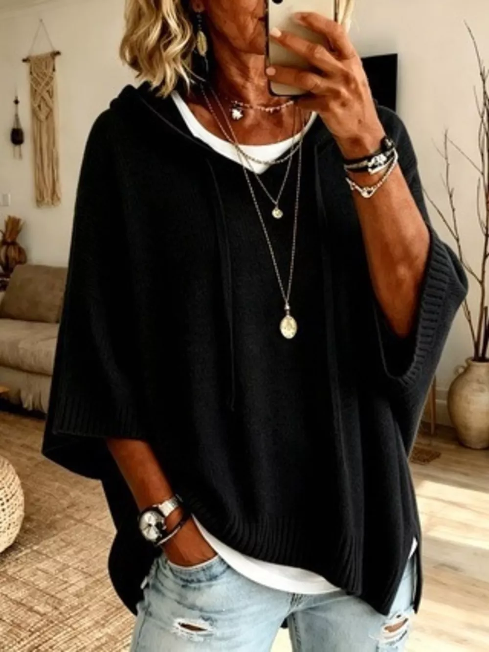 Casual Loose Fit Hooded Knit Sweater with Ribbed Hem, image 5