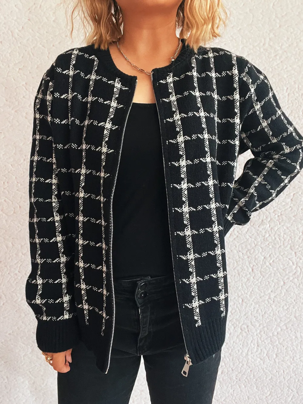Plaid Pattern Zip Up Cardigan, image 14