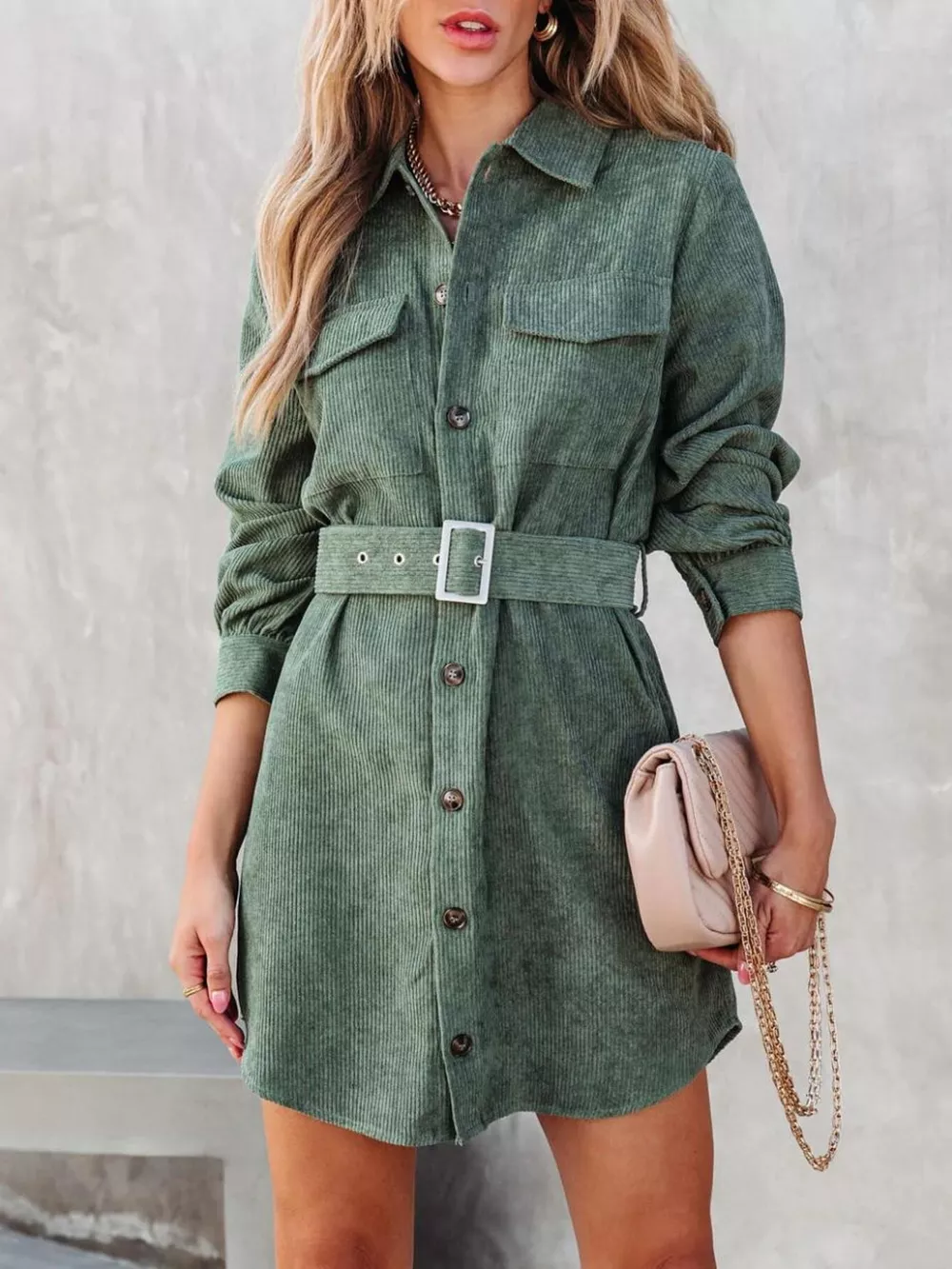 Button Front Belt Long Sleeve Corduroy Dress, image 11