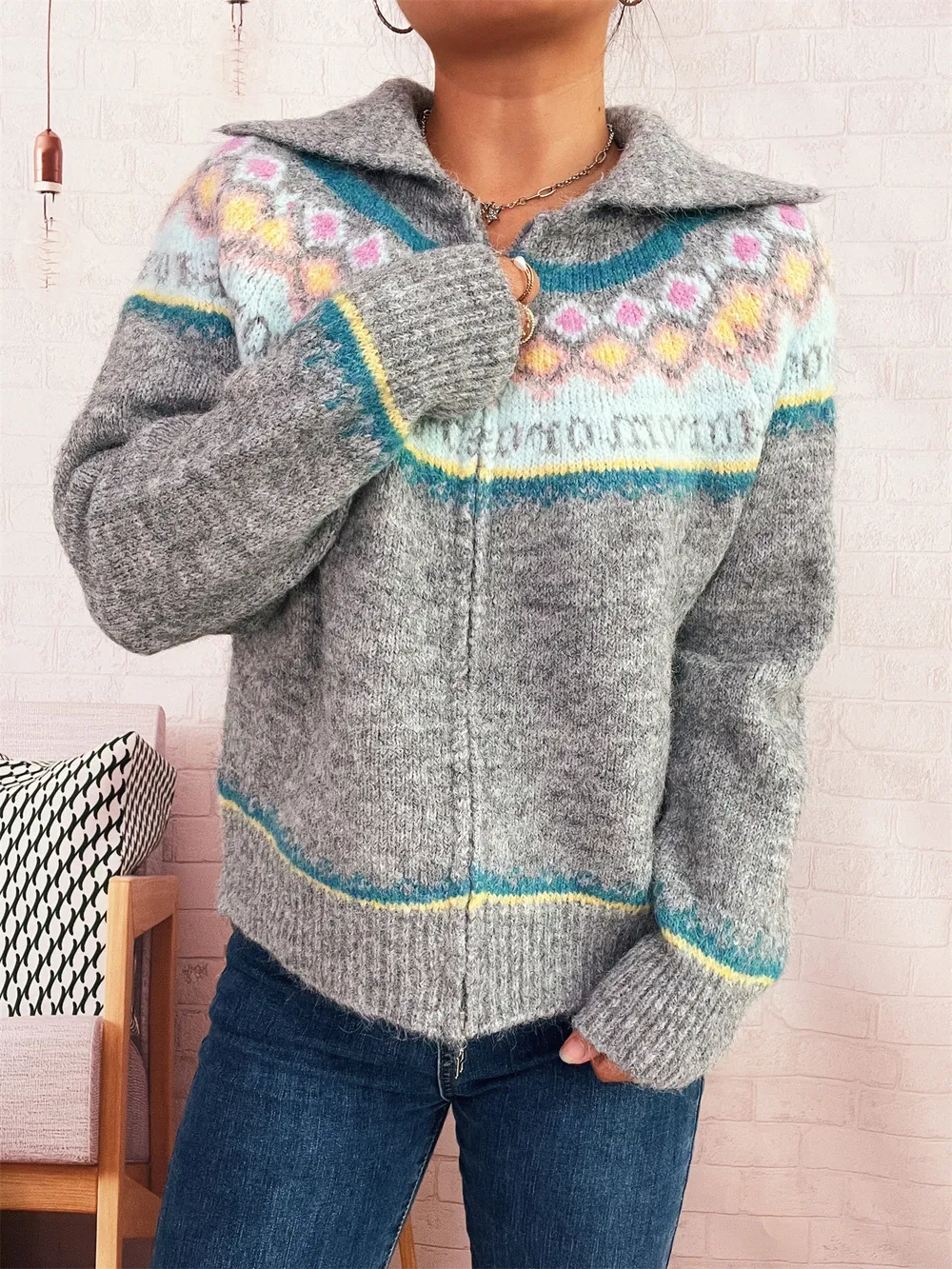 Fair Isle Pattern Zip-Up Cardigan