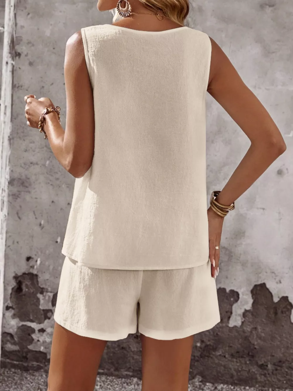 Decor Button Round Neck Tank and Shorts Set, image 5
