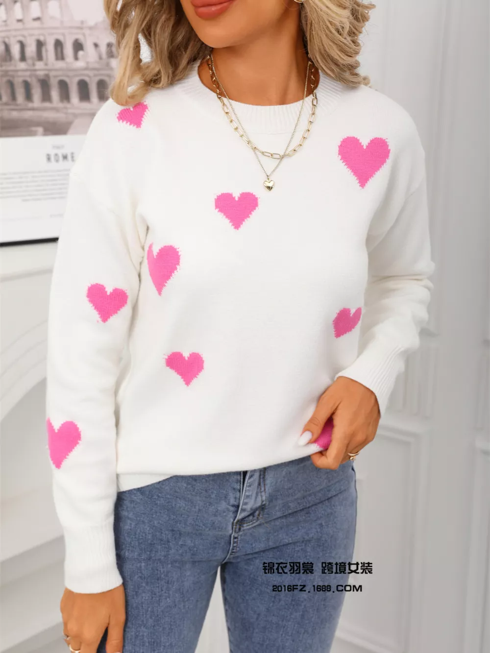 Valentine's Day Heart Print Round Neck Sweater, image 12