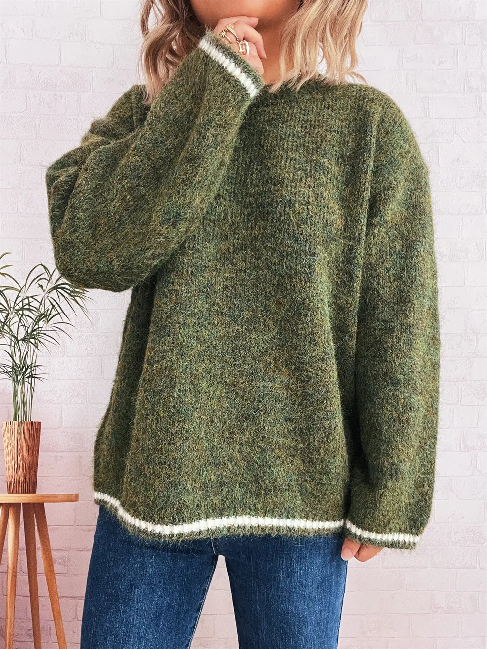 Contrast Trim Round Neck Cozy Sweater, image 7