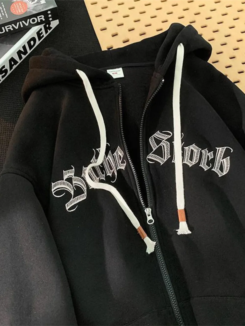 Men's Plus Size Letter Zip Up Drawstring Hoodie, image 5