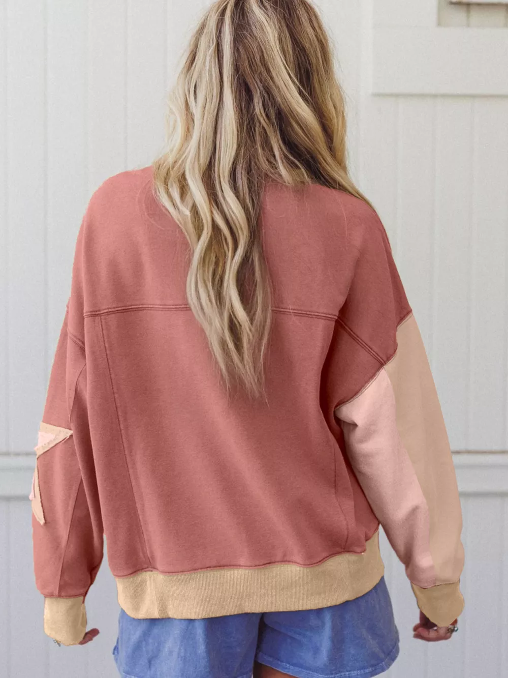 Contrast Star Patchwork Exposed Seam Uneven Hem Drop Shoulder Sweatshirt, image 3