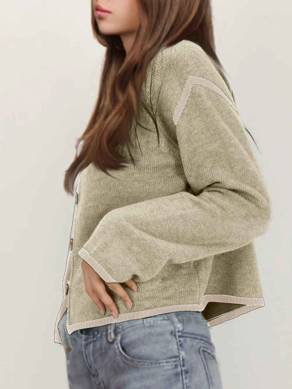 Button-Front Cardigan with Contrast Trim, image 8