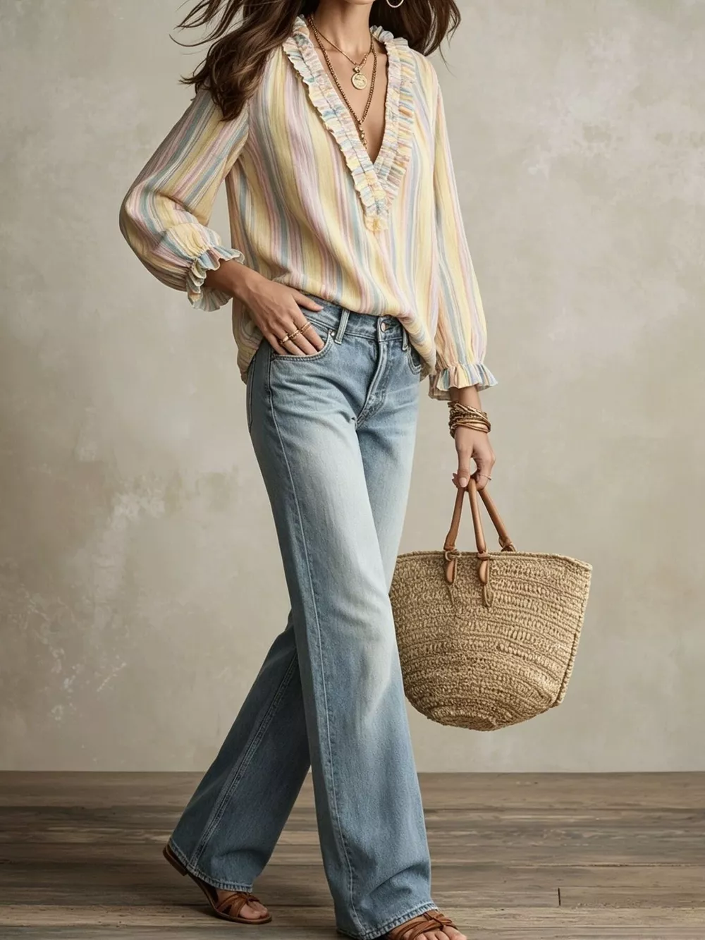 Striped Ruffle-Trim V-Neck Blouse, image 3