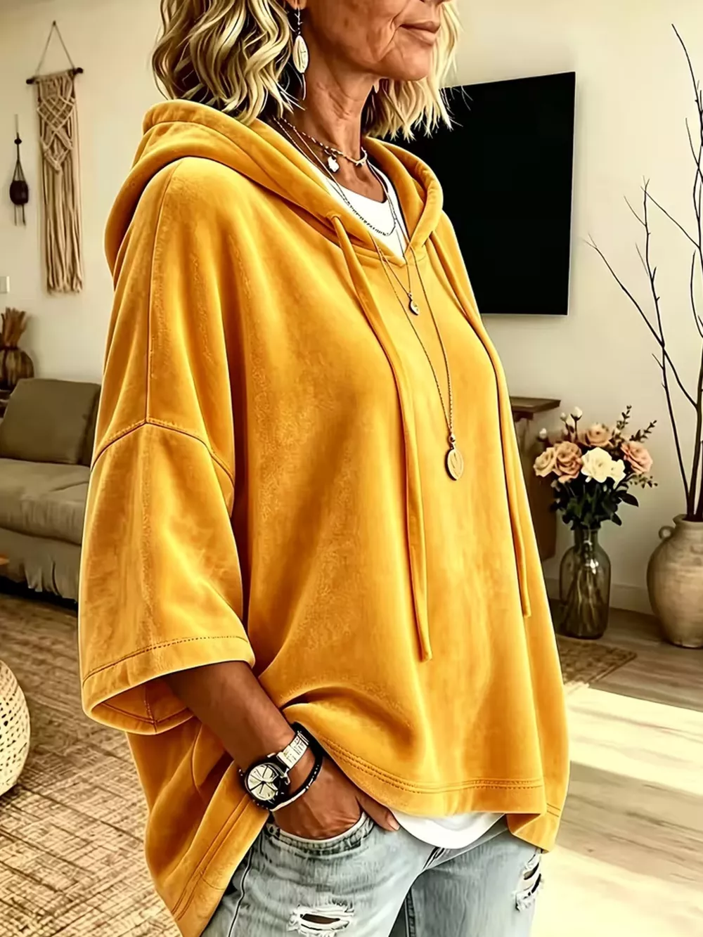 Velvet Loose Fit Hoodie with Drawstring, image 5