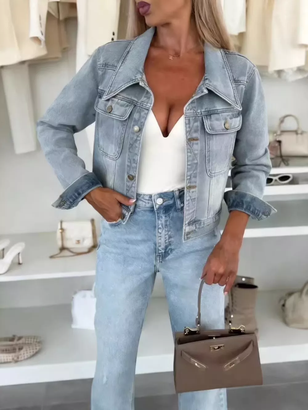 Full Size Chic Cropped Denim Jacket Plus Size, image 3