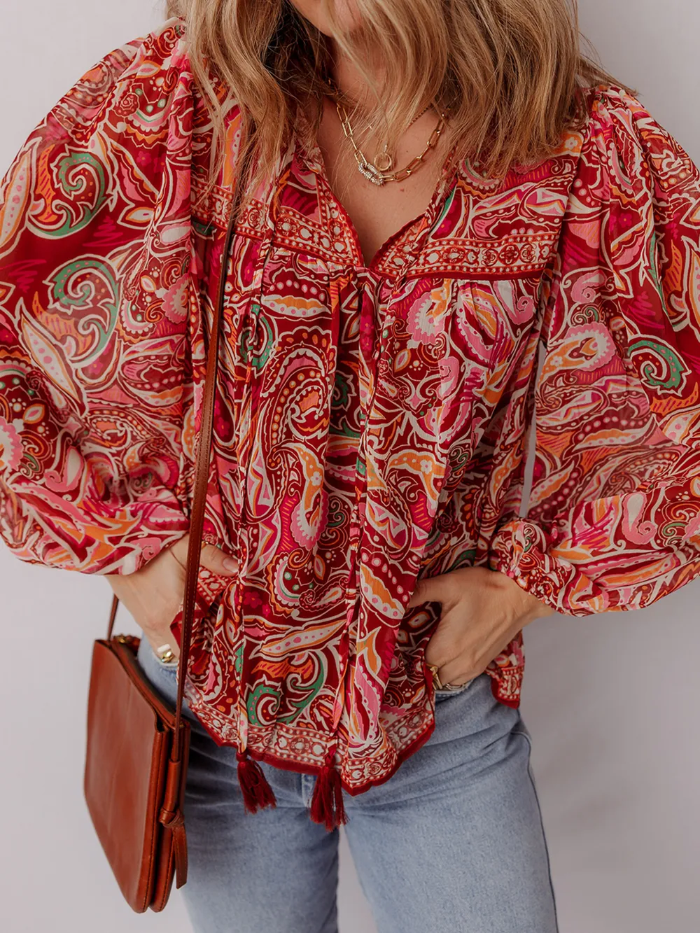 Multicolour Ethnic Paisley Print Tassel Tie Puff Sleeve Boho Blouse, image 5