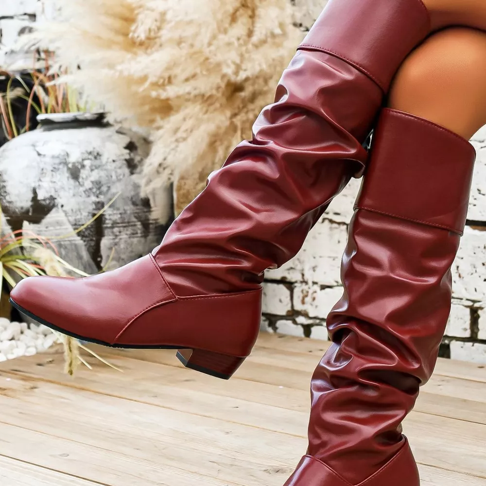 Ruched Knee-High Low Block Heel Boots, image 9