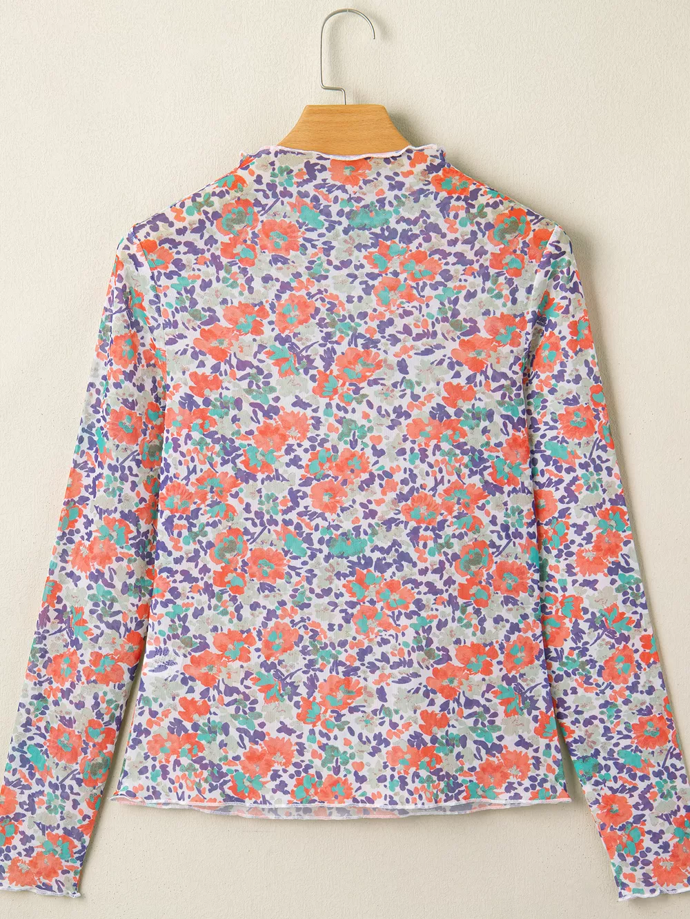 Floral Print Sheer Mesh Long Sleeve Mock Neck Top, image 6