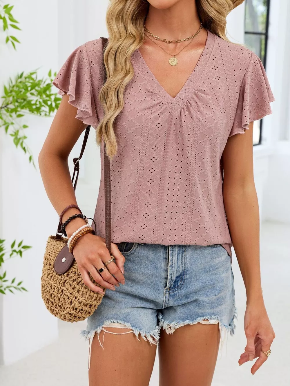 V-Neck Flutter Sleeve T-Shirt, image 3