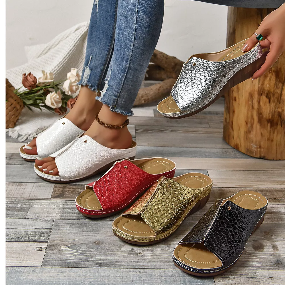 Crocodile-Embossed Wedge Sandals, image 7