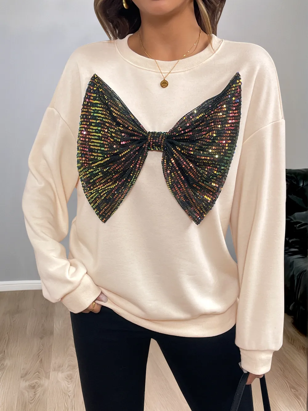 Sequined Bow Round Neck Sweatshirt, image 2