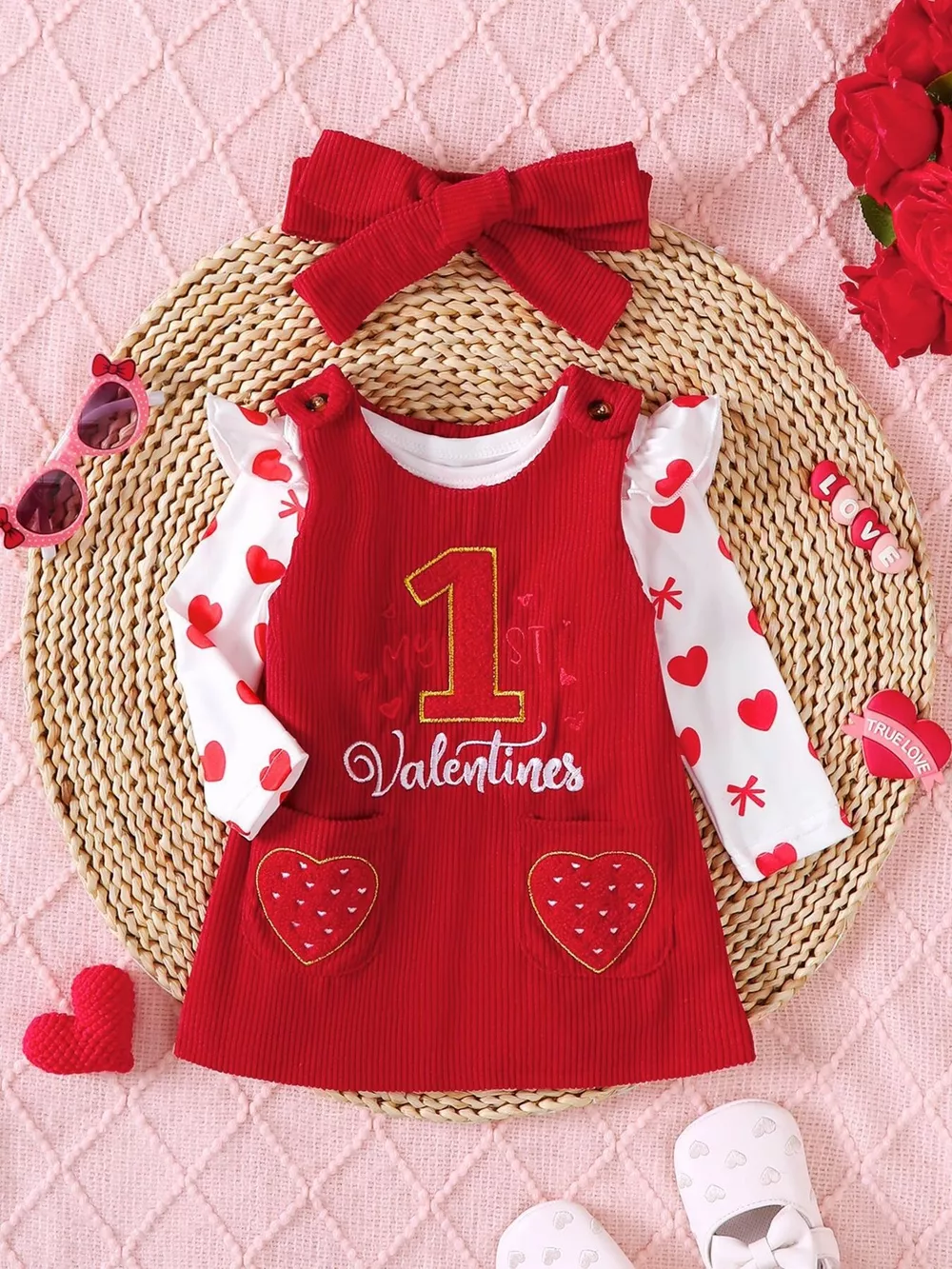 Children's Heart Print Bodysuit and Dress Outfit Set with Headband
